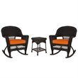 Jeco 3pc Wicker Rocker Chair Set in Espresso with Orange Cushion