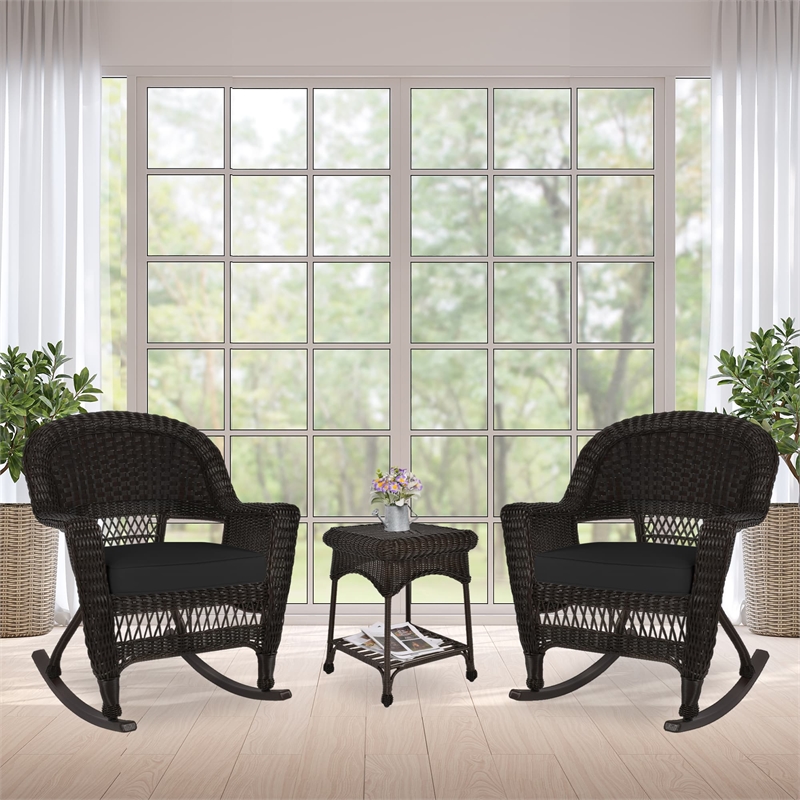Jeco 3pc Wicker Rocker Chair Set in Espresso with Black Cushion