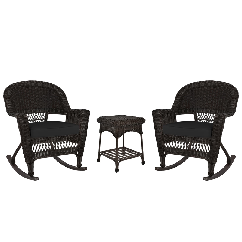 Jeco 3pc Wicker Rocker Chair Set in Espresso with Black Cushion