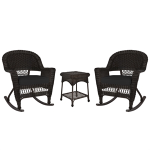 Jeco 3pc Wicker Rocker Chair Set in Espresso with Black Cushion