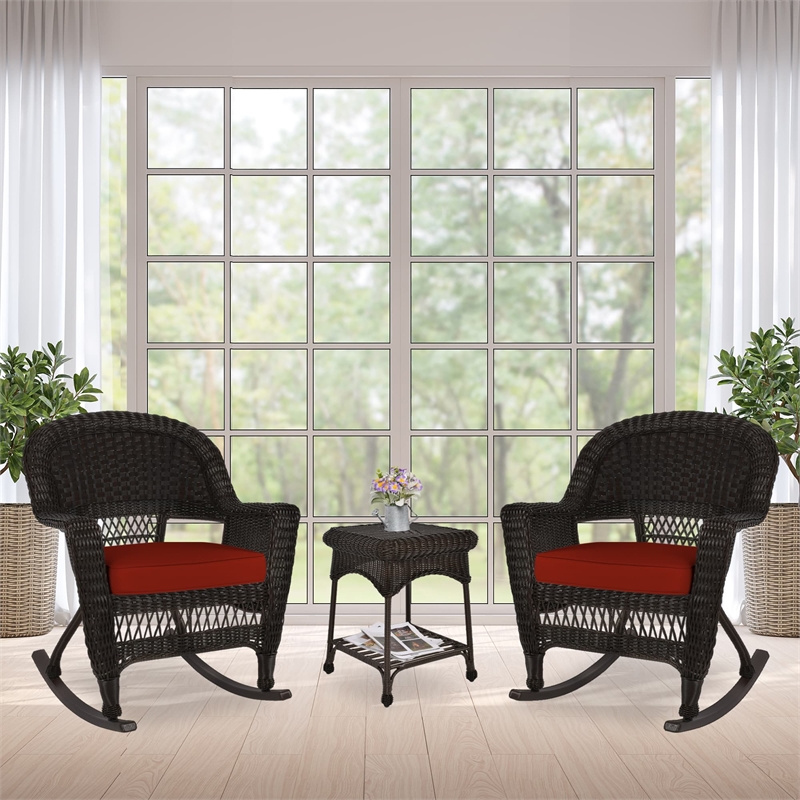 Jeco 3pc Wicker Rocker Chair Set in Espresso with Red Cushion