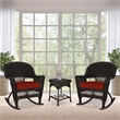 Jeco 3pc Wicker Rocker Chair Set in Espresso with Red Cushion