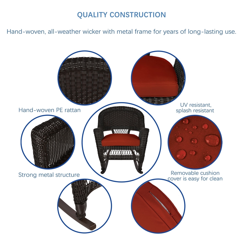 Jeco 3pc Wicker Rocker Chair Set in Espresso with Red Cushion