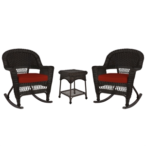 Jeco 3pc Wicker Rocker Chair Set in Espresso with Red Cushion