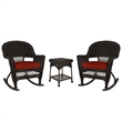 Jeco 3pc Wicker Rocker Chair Set in Espresso with Red Cushion