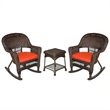 Jeco 3pc Wicker Rocker Chair Set in Espresso with Red Cushion