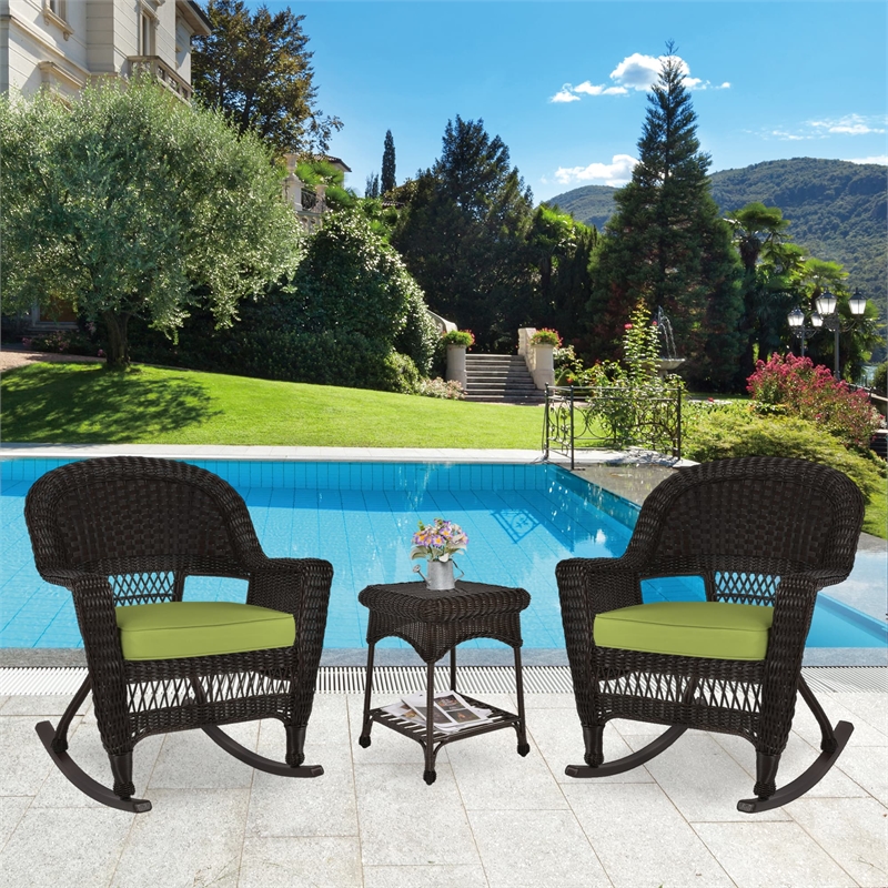 Jeco 3pc Wicker Rocker Chair Set in Espresso with Green Cushion