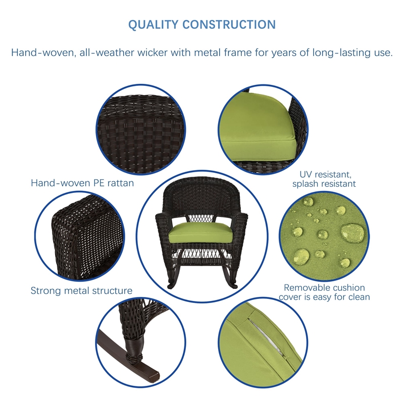 Jeco 3pc Wicker Rocker Chair Set in Espresso with Green Cushion