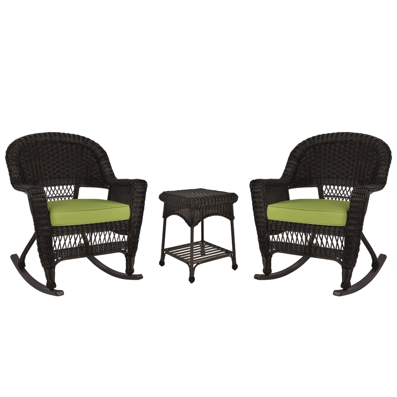 Jeco 3pc Wicker Rocker Chair Set in Espresso with Green Cushion