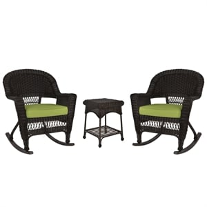 Jeco 3pc Wicker Rocker Chair Set in Espresso with Green Cushion