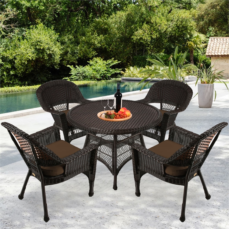Jeco 5 Piece Wicker Patio Dining Set in Espresso and Brown