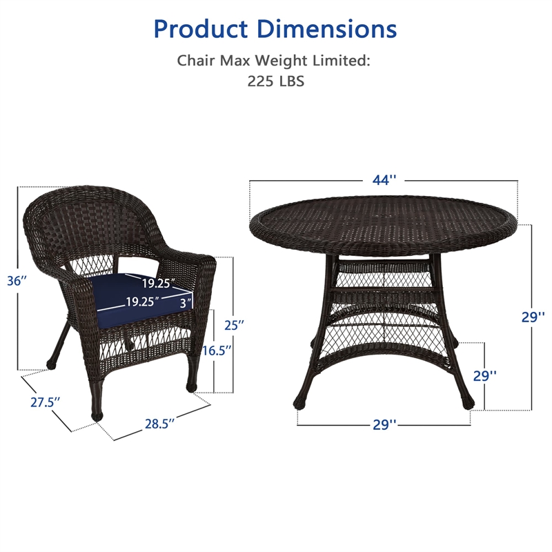 Jeco 5 Piece Wicker Patio Dining Set in Espresso and Blue