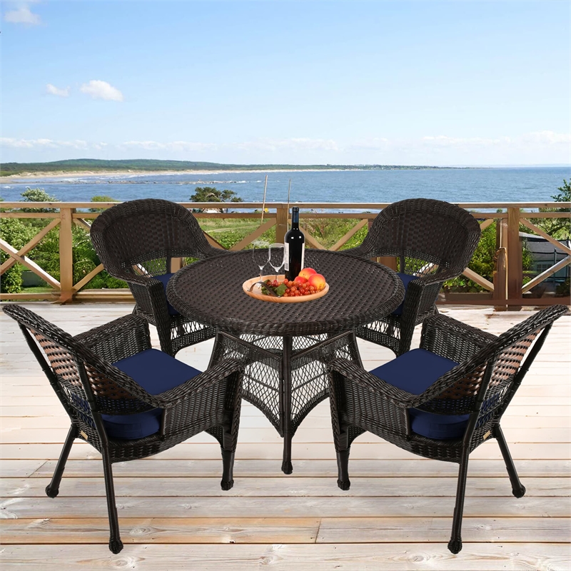 Jeco 5 Piece Wicker Patio Dining Set in Espresso and Blue