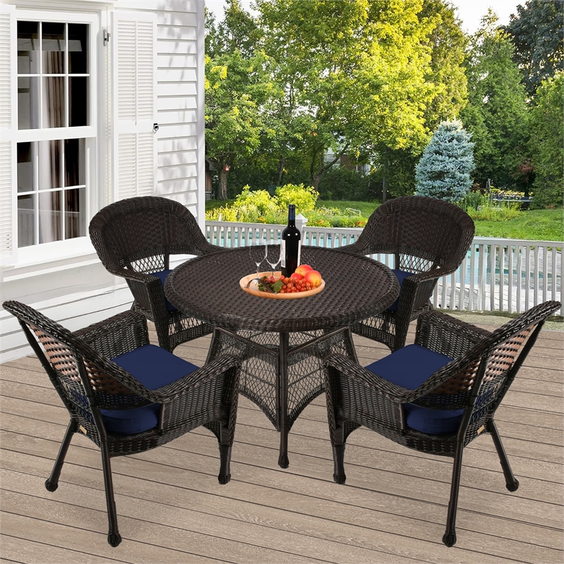 Jeco 5 Piece Wicker Patio Dining Set in Espresso and Blue