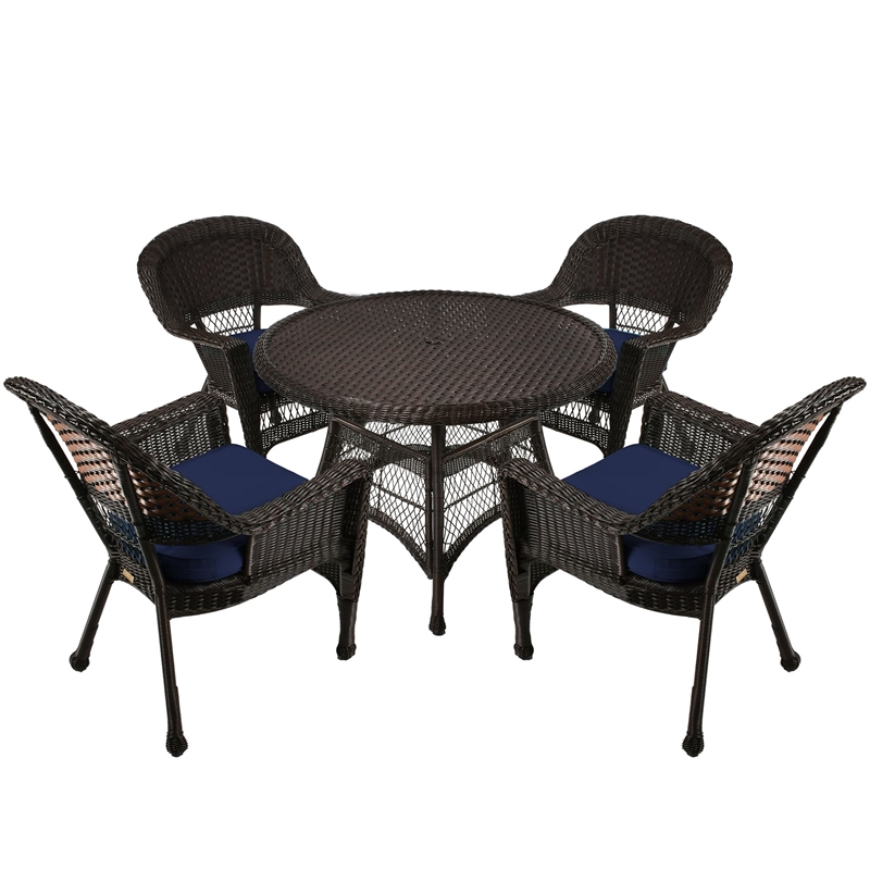 Jeco 5 Piece Wicker Patio Dining Set in Espresso and Blue