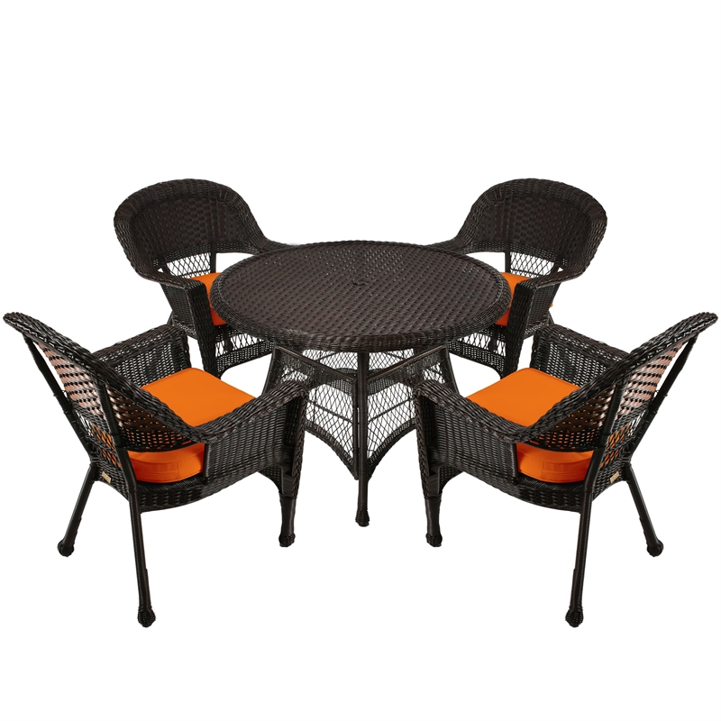Jeco 5 Piece Wicker Patio Dining Set in Espresso and Orange