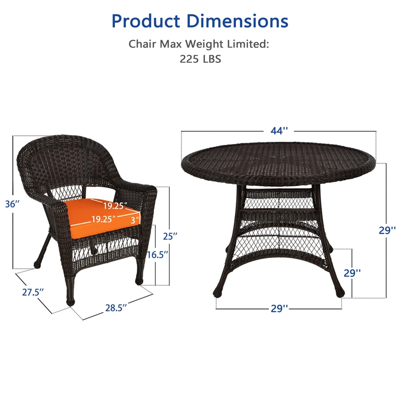 Jeco 5 Piece Wicker Patio Dining Set in Espresso and Orange