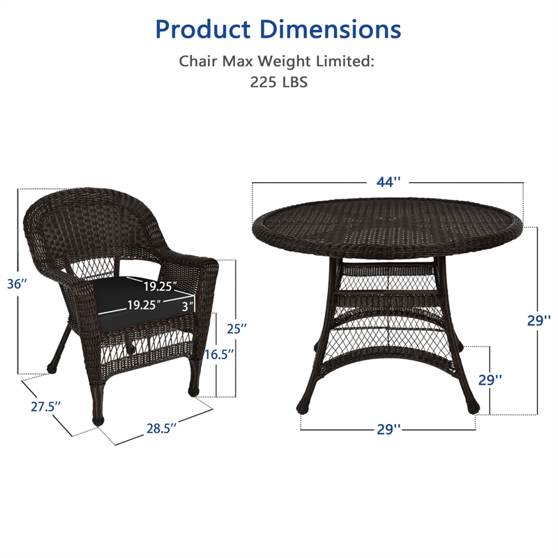Jeco 5 Piece Resin Wicker Outdoor Patio Dining Set in Espresso w/Black Cushion