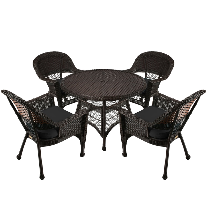 Jeco 5 Piece Resin Wicker Outdoor Patio Dining Set in Espresso w/Black Cushion
