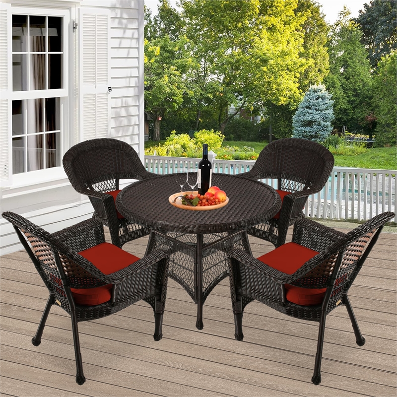 Jeco 5 Piece Wicker Patio Dining Set in Espresso and Red