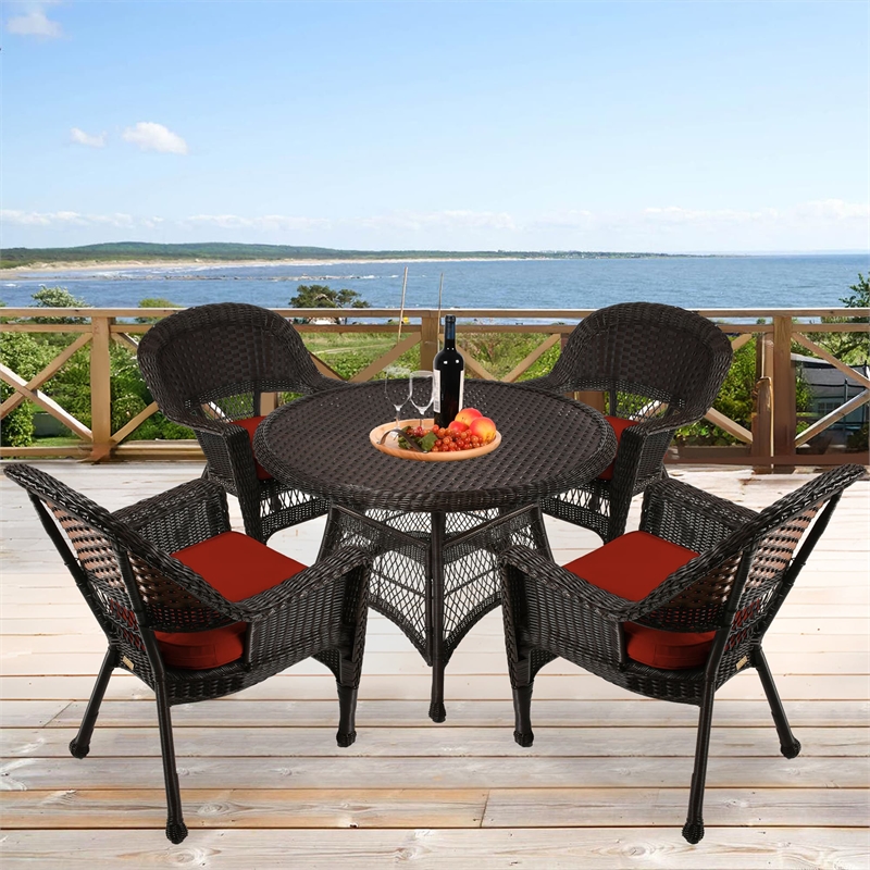Jeco 5 Piece Wicker Patio Dining Set in Espresso and Red