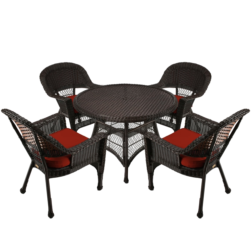 Jeco 5 Piece Wicker Patio Dining Set in Espresso and Red