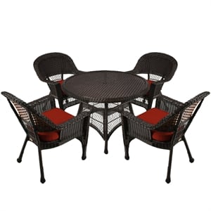 Jeco 5 Piece Wicker Patio Dining Set in Espresso and Red