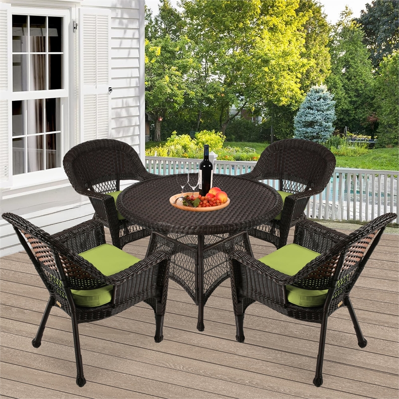 Jeco 5 Piece Resin Wicker Outdoor Patio Dining Set in Espresso w/Green Cushion