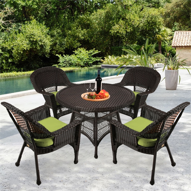 Jeco 5 Piece Resin Wicker Outdoor Patio Dining Set in Espresso w/Green Cushion