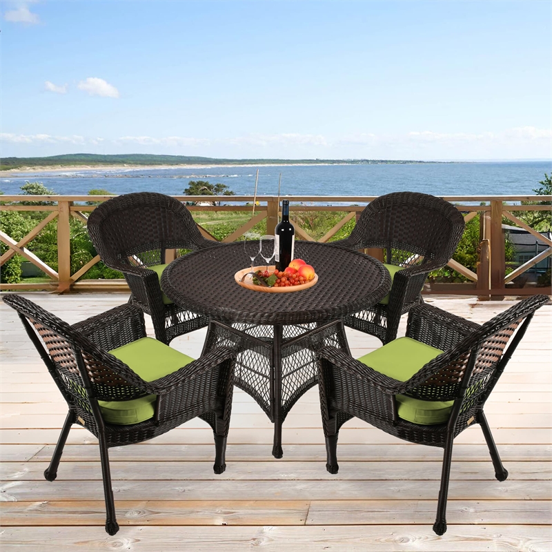 Jeco 5 Piece Resin Wicker Outdoor Patio Dining Set in Espresso w/Green Cushion