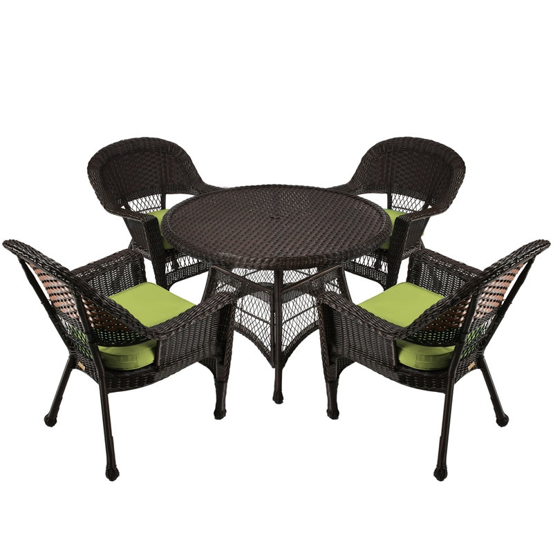 Jeco 5 Piece Resin Wicker Outdoor Patio Dining Set in Espresso w/Green Cushion