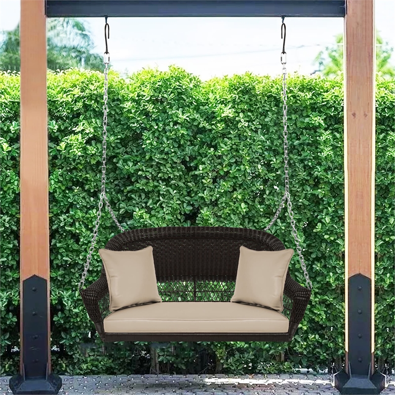 Jeco Wicker Porch Swing in Espresso with Tan Cushion