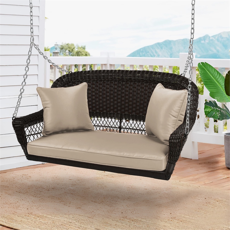 Jeco Wicker Porch Swing in Espresso with Tan Cushion
