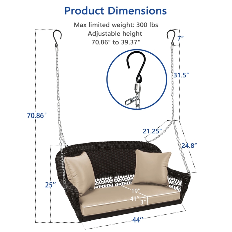 Jeco Wicker Porch Swing in Espresso with Tan Cushion
