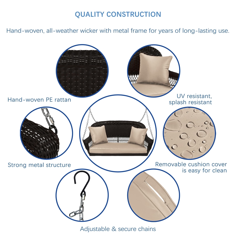 Jeco Wicker Porch Swing in Espresso with Tan Cushion