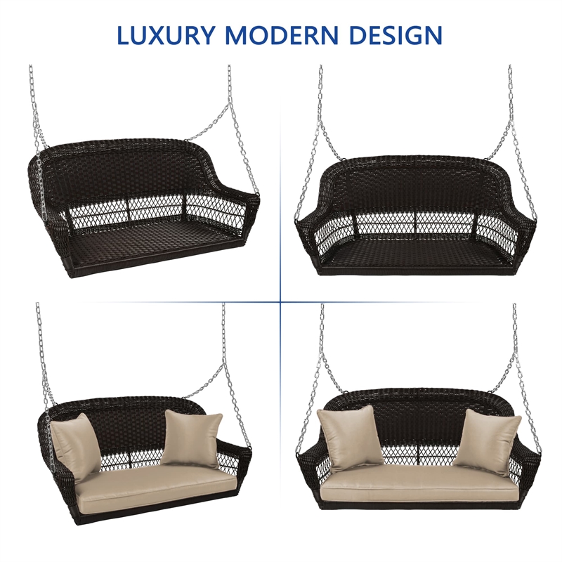 Jeco Wicker Porch Swing in Espresso with Tan Cushion