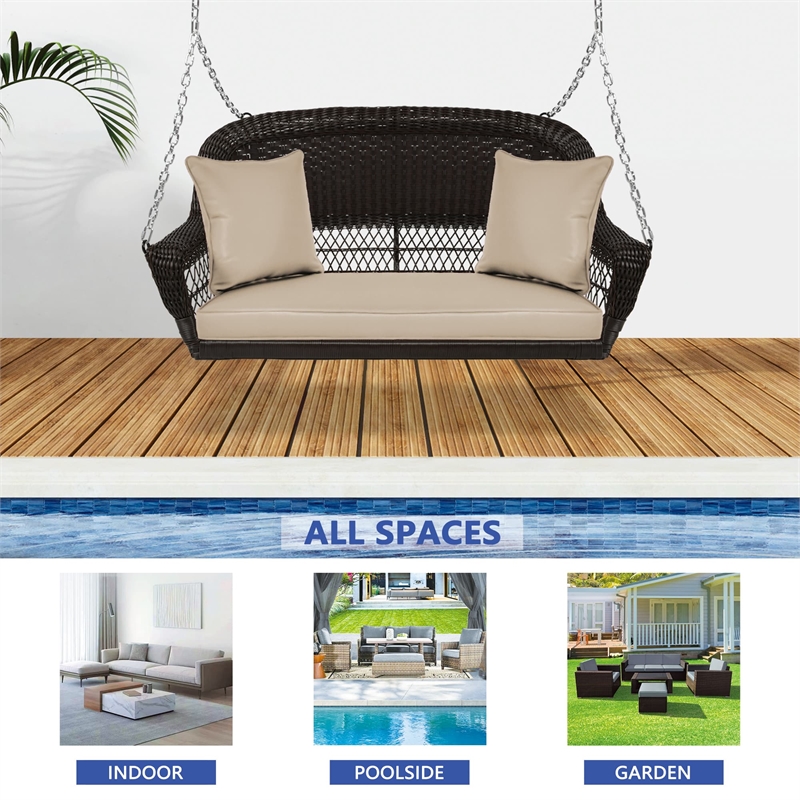 Jeco Wicker Porch Swing in Espresso with Tan Cushion