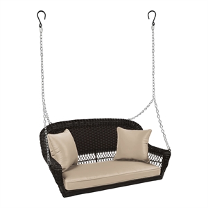 Jeco Wicker Porch Swing in Espresso with Tan Cushion