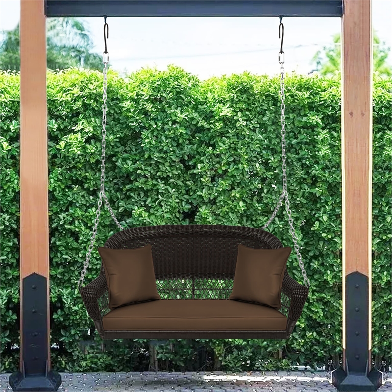 Jeco Wicker Porch Swing in Espresso with Brown Cushion