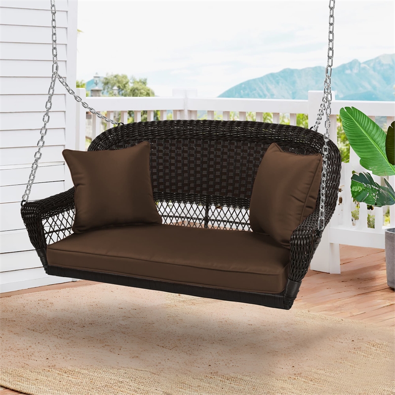 Jeco Wicker Porch Swing in Espresso with Brown Cushion
