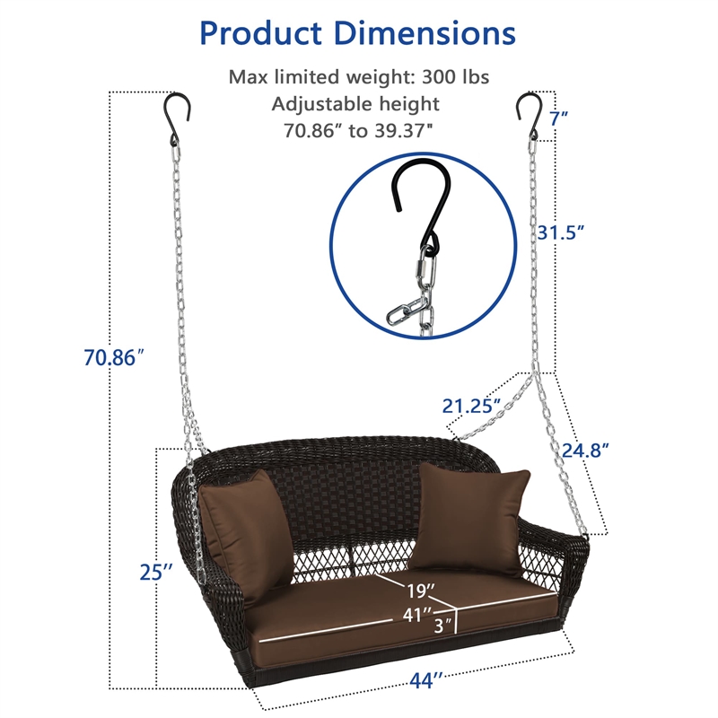 Jeco Wicker Porch Swing in Espresso with Brown Cushion