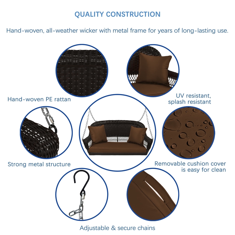 Jeco Wicker Porch Swing in Espresso with Brown Cushion