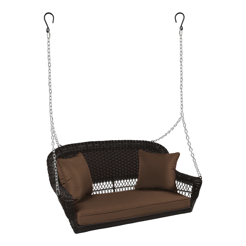 Jeco Wicker Porch Swing in Espresso with Brown Cushion