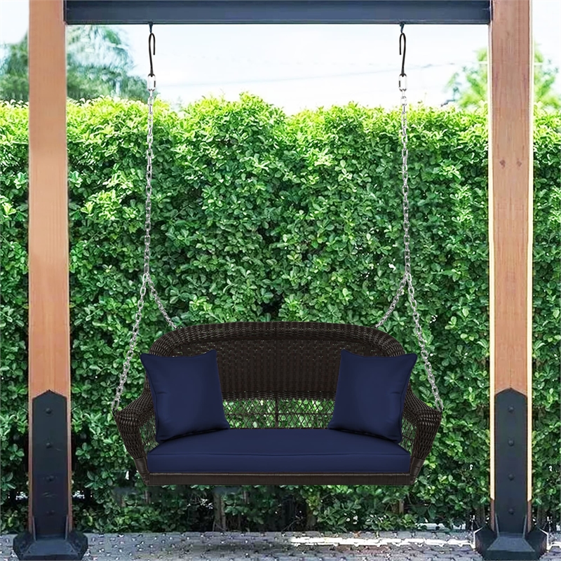Jeco Wicker Porch Swing in Espresso with Blue Cushion