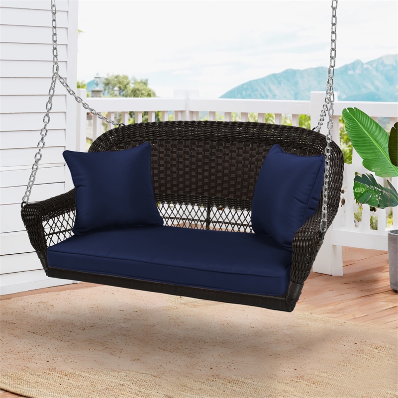 Jeco Wicker Porch Swing in Espresso with Blue Cushion