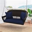 Jeco Wicker Porch Swing in Espresso with Blue Cushion