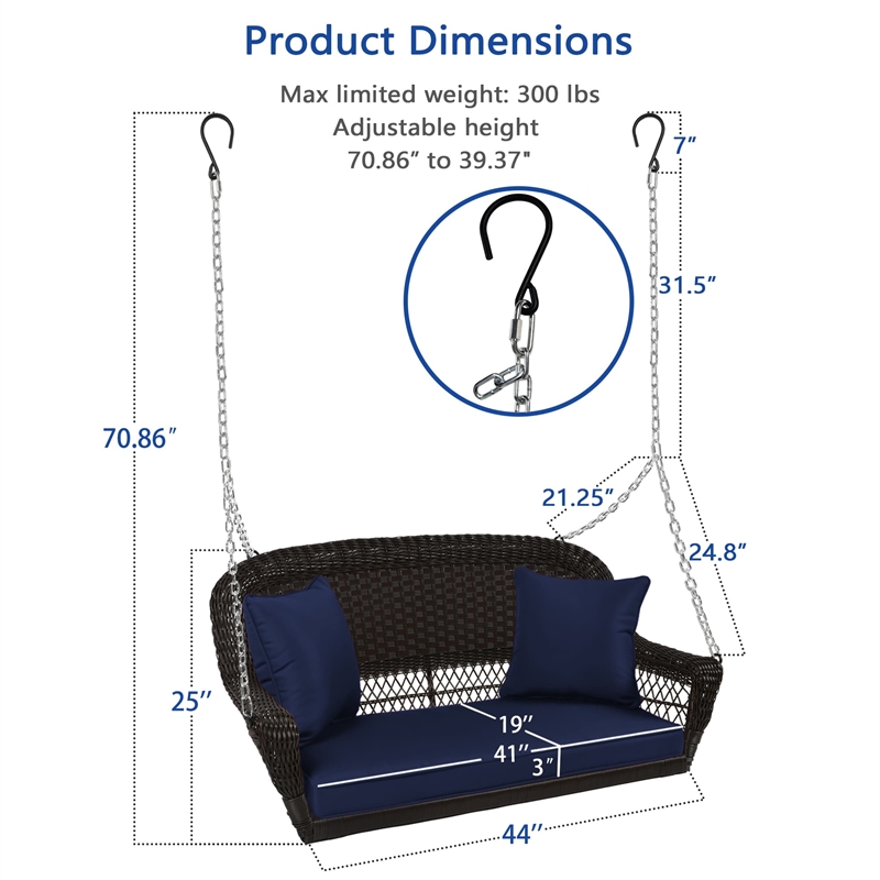 Jeco Wicker Porch Swing in Espresso with Blue Cushion