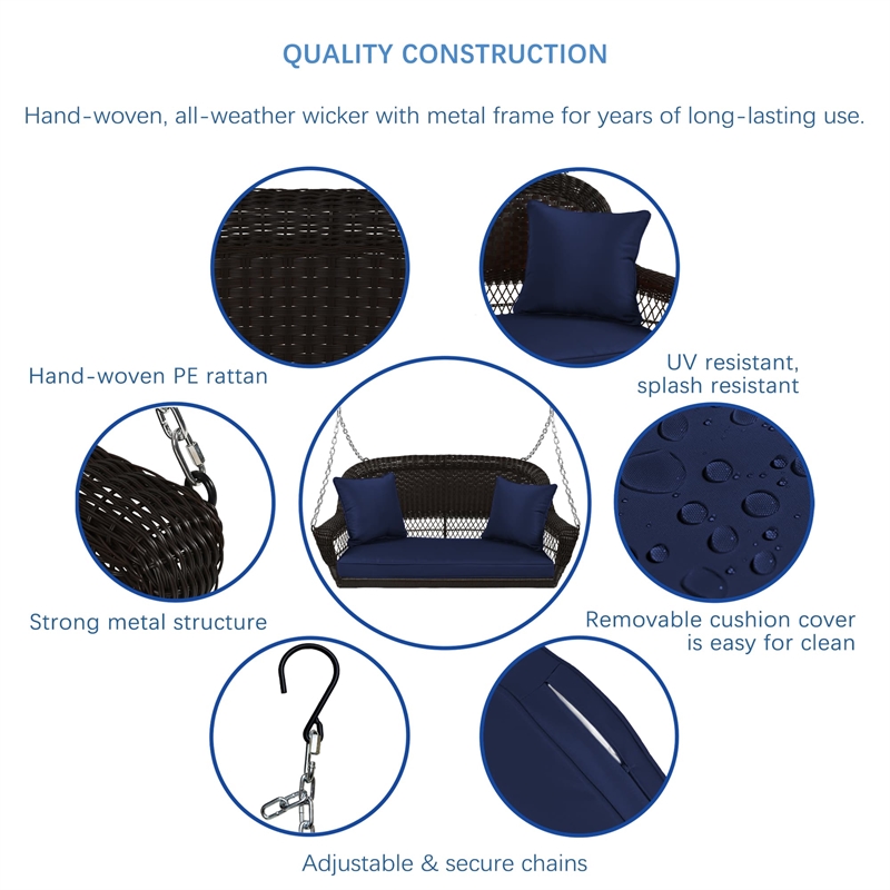 Jeco Wicker Porch Swing in Espresso with Blue Cushion