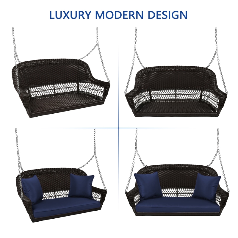 Jeco Wicker Porch Swing in Espresso with Blue Cushion
