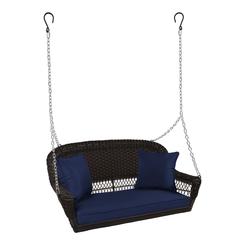 Jeco Wicker Porch Swing in Espresso with Blue Cushion